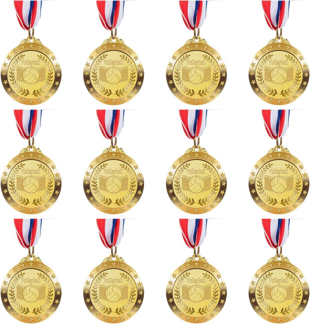 12 Pack Gold Award Medals for Kids Sports Volleyball Games, Adult Volleyball Metal Medals, Party Favors, 2 Inches