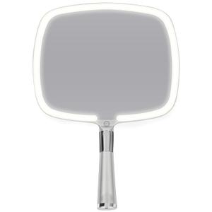 MIRRORVANA Lighted Travel Makeup Mirror - 2 in 1 Hand Mirror & Table Mirror with 3 Lighting Modes, Detachable Stand and Comfy Handle - 9" x 13" (Shiny Silver)