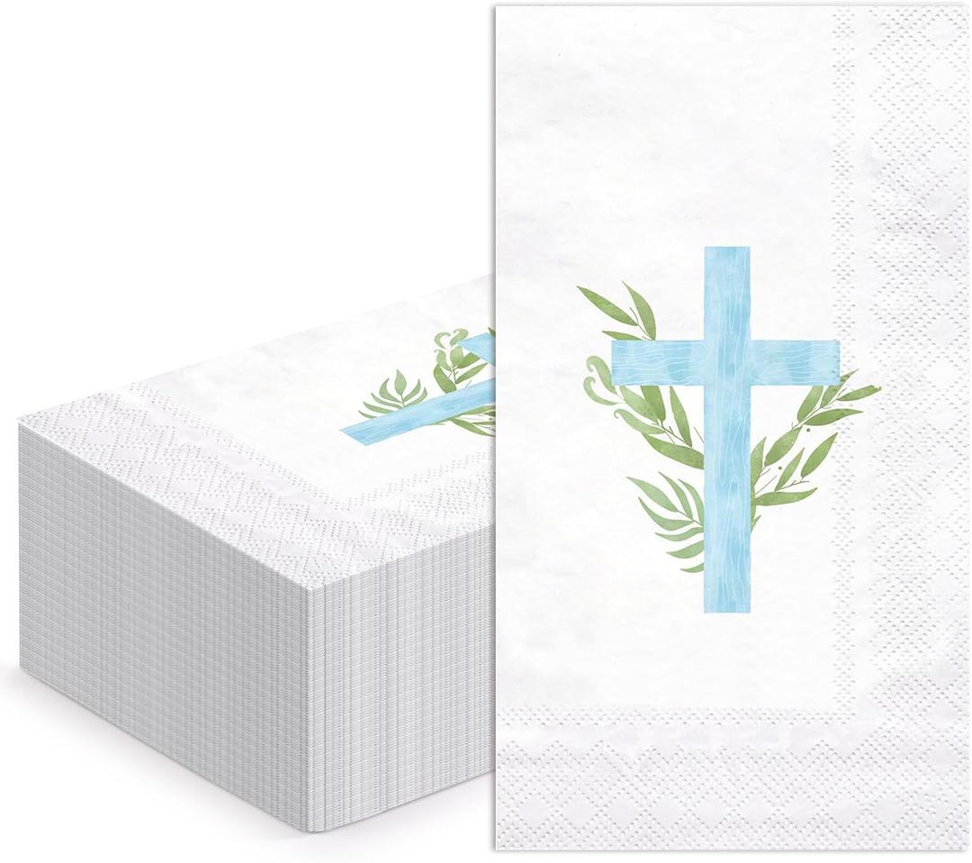 WRAPAHOLIC 50Pcs Cross Religious Paper Napkins - 3-Ply Religious Blue Cross Guest Disposable Hand Towels for Bathroom, Spring, Christening and Baby Shower - 4.3 x 7.9 In