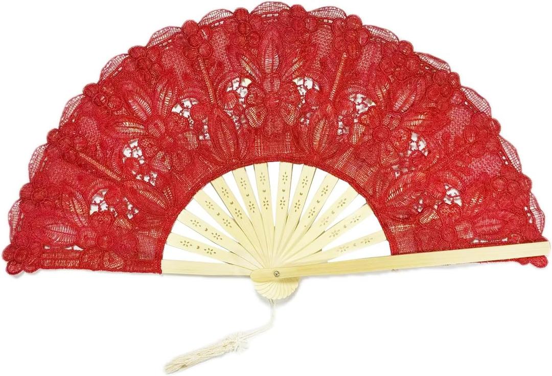 Happy Feather Lace Fan with Folding Handheld, Embroidered Flowers Pattern Hand Fans for Wedding Bridal Tea Dancing Party -Red