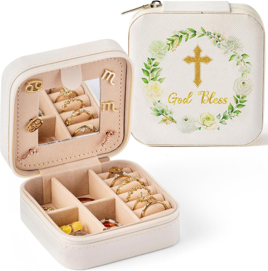 God Bless Jewelry Box for Women Girls - Cross Floral Portable Travel Jewelry Case Green Gold Small Jewel Organizer Box, Baptism Wedding Easter Mother's Day Birthday Gifts for Friend Brid