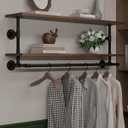 Clothes Rack 48in, Wall Mounted Garment Rack with Real Walnut Wood Shelf, Heavy Duty Hanging Clothes Rack, Multi-Purpose Hanging Rod, Space-Saving Closet Storage (Walnut, 2T48IN)