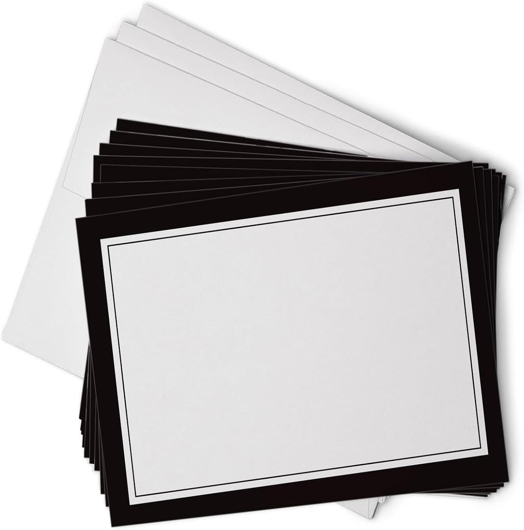 Blank Border Flat Note Cards with Envelopes - 40 Classic Flat Cards with Envelopes - Blank Simple Paneled Non Folding Cards For Business Professional & Formal Events (Black)