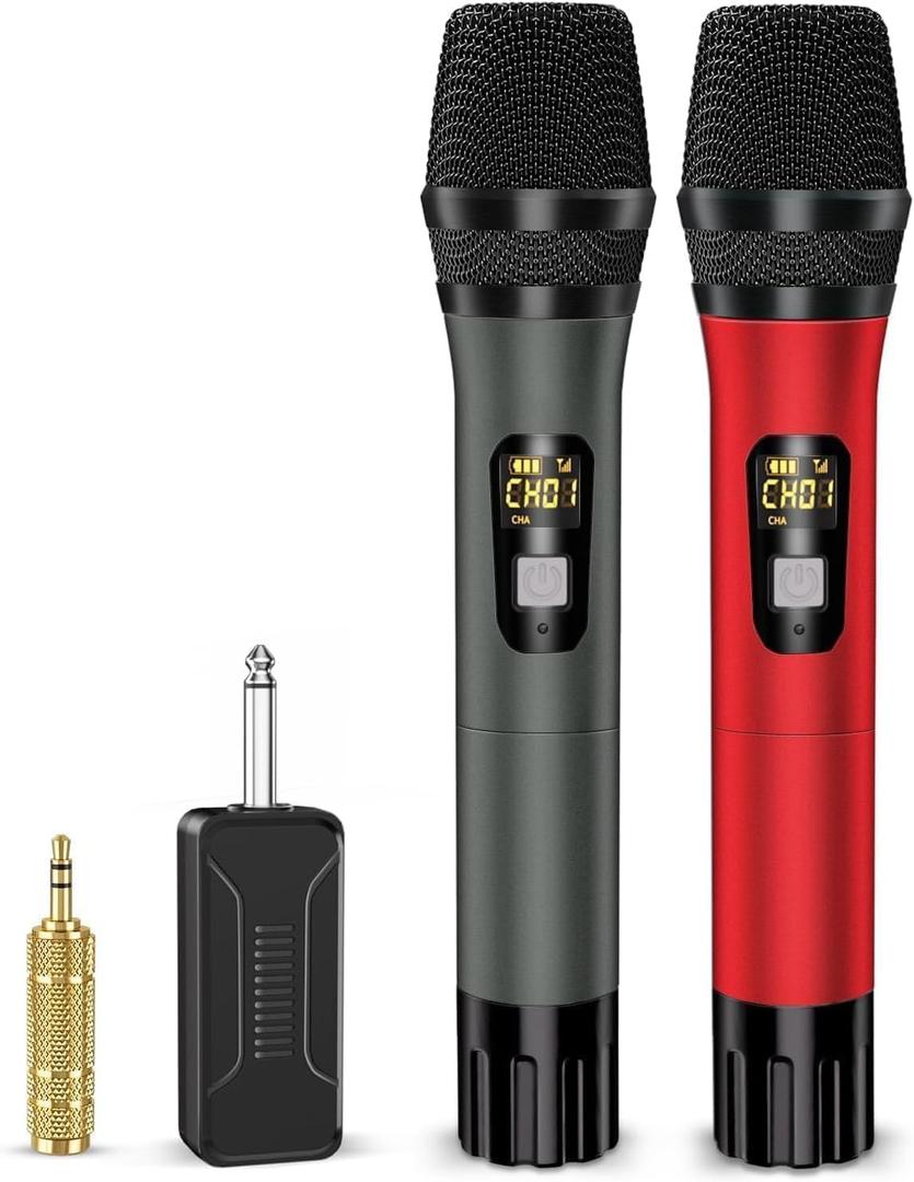 Wireless Microphones, Professional UHF Metal Dual Handheld Cordless Dynamic Mic System with Rechargeable Receiver, 1/4" Output, 160ft Range, Auto Connect for Karaoke, Party Singing, Church, Speech, DJ