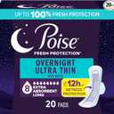 Poise Overnight Ultra Thin Incontinence & Postpartum Pads with Wings for Bladder Leaks, 8 Drop Extra Absorbent, Long Length, 20 Count