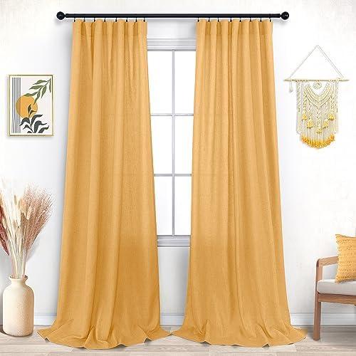 KOUFALL Yellow Linen Curtains 84 Inch Length for Bedroom Dining Room Rod Pocket Set 2 Panels Boho Spring Sunflower Decor Bright Mustard Gold Semi Sheer Curtain Drapes 84 Inches Long for Living Room