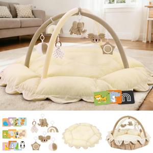 5-in-1 Baby Activity Gym & Play Mat with 6 Hanging Toys, Tummy Time Mat & Cards - Extra Large, Reversible Machine Washable Pad - Gift for Newborns, Infants 0-12 Months, Cream