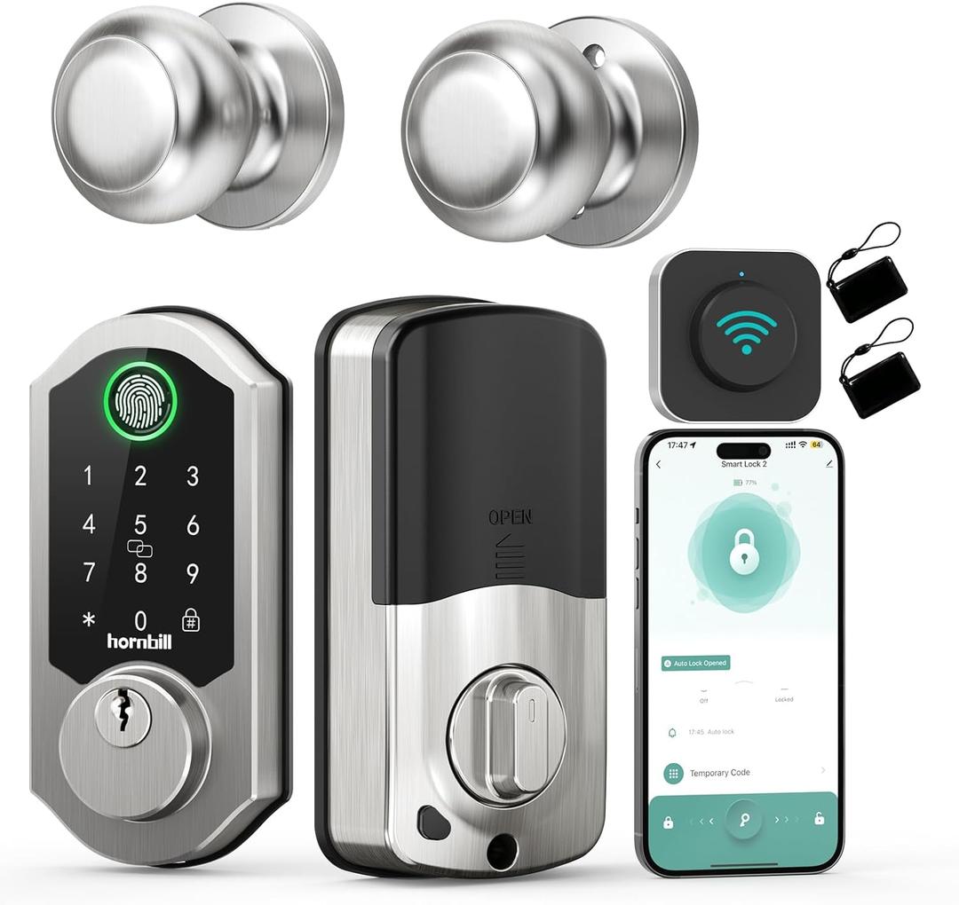 WiFi Smart Lock Knob Set, Hornbill Keypad Deadbolt Lock with Digtal Code Fingerprint Fobs Remote Control, Compatible with Alexa for Home, Apartments, Airbnb