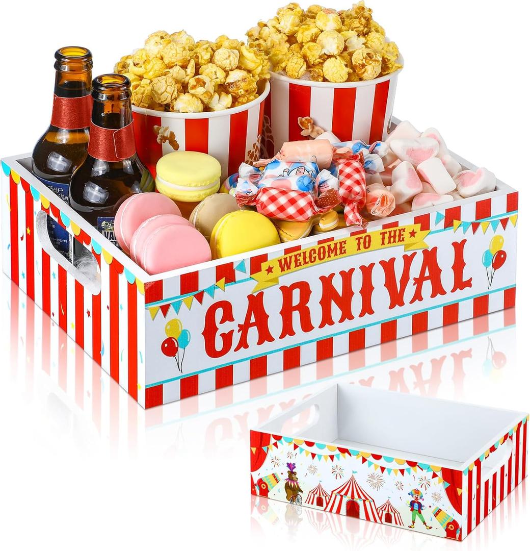 GlikCeil Carnival Food Trays Carnival Party Decorations Wooden Circus Serving Trays with Handles Reusable Circus Snack Holder for Nacho Hot Dog Boats Bowls Plates