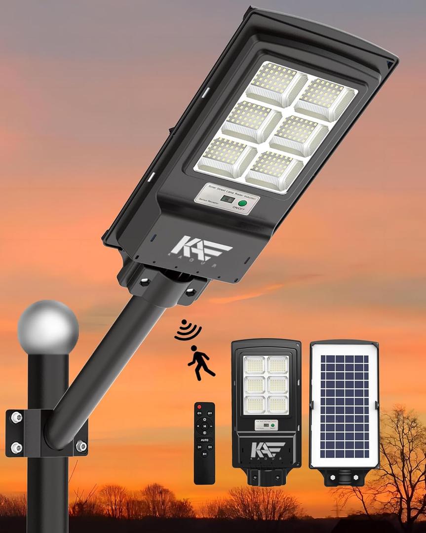 Large Solar Street Lights Outdoor, Solar Lights Outdoor Motion Sensor with Remote Control & Arm Pole, 6500K 300000LM IP65 Waterproof Dusk to Dawn Security Flood Lights LED Lamp for Commercial, Yard (1000W-2 Pack)