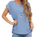 Limerose Women's Short Sleeve Tops Crew Neck Side Button Shirts Casual Loose Fit T-Shirt Light Blue (S)