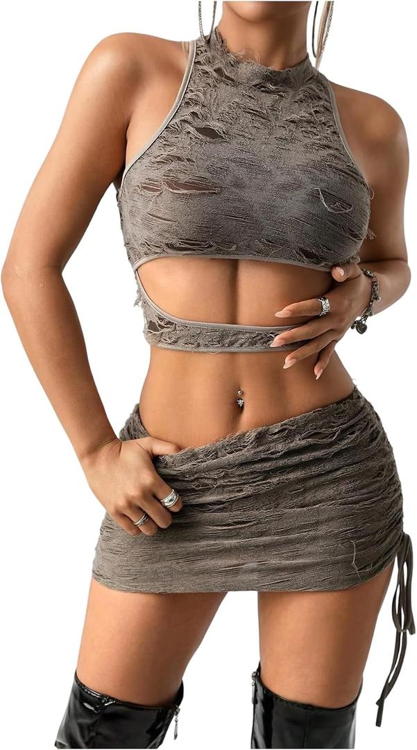 Verdusa Women's 2 Piece Ripped Grunge Outfits Club Set Cut Out Crop Tank Top and Bodycon Mini Skirt Set S