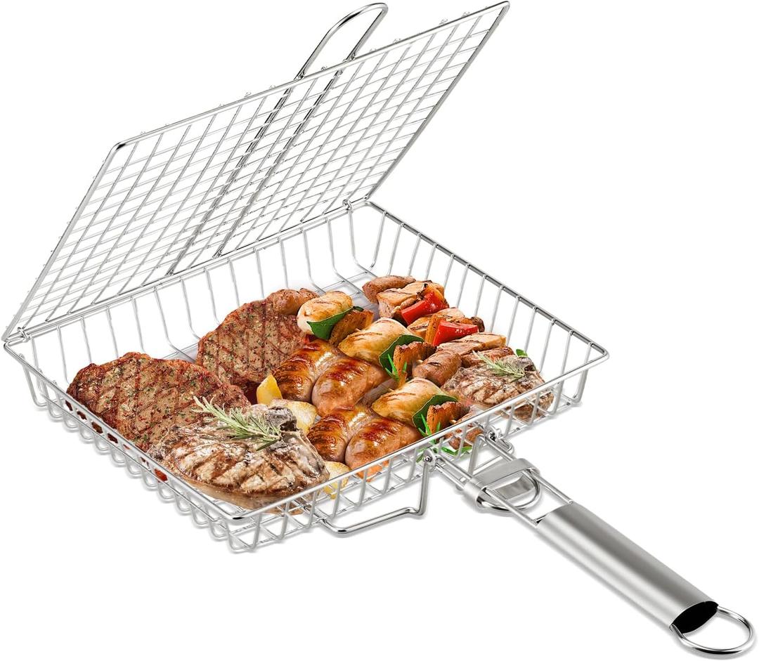 Stainless Steel Grill Baskets for Outdoor Grill, Large BBQ Fish Grill Basket with Stainless Steel Foldable Handle for Chicken Meat Vegetables Steak, Outdoor BBQ Grill Accessories Basket for Seafood