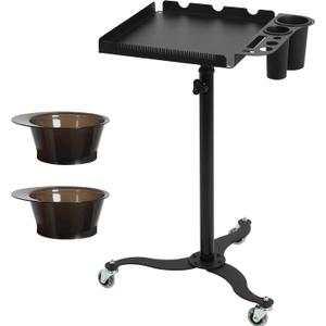 Salon Tray Cart with Storage Platform, 2 Magnetic Bowls Tattoo Tray with Wheels Trolley, Adjustable Height Salon Tray Equipment, Hairstylist Holder and Hair Separator Stand for Salon & Spa Use, Black
