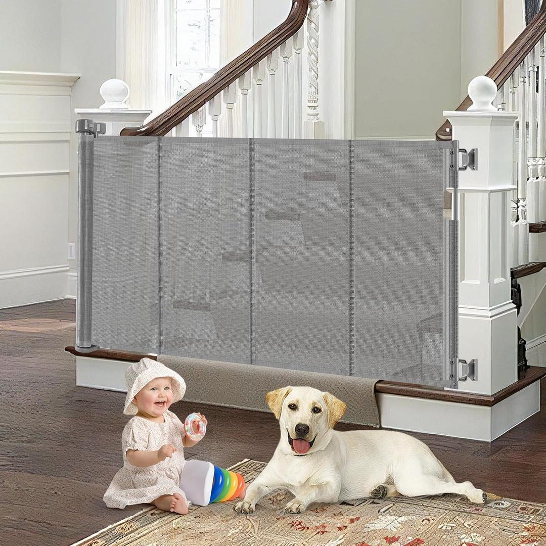 Reinforced Retractable Dog Gate for Stairs with Support Rods, Extends up to 55" Wide, Adjustable Latches for Stairway Banister to Wall Child Gate, Ideal for Kids or Pets (Gray)