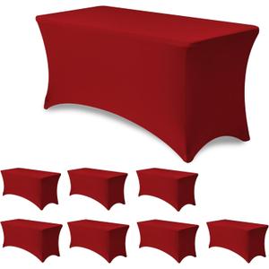 Stretch Spandex Table Cover for 4 Foot Folding Tables-8 Pack Red Fitted Elastic Christmas Tablecloths for Rectangle Tables Protector for Party, Wedding, Vendor Booth Display, Banquet Event