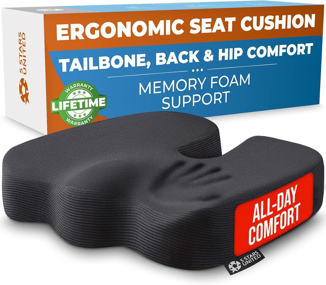 5 STARS UNITED Seat Cushion - Memory Foam Chair Cushion for Tailbone Pain Relief - Ergonomic Support for Coccyx, Sciatica & Butt - Office, Desk & Gaming Chair, Car Seat, Wheelchair, Airplane, Black, Large