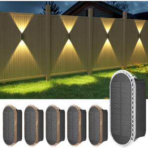Ellasay Solar Fence Lights Outdoor,6-Pack Solar Powered Wall Lights Up and Down Waterproof IP65,3 Color Brighter LED Focus Lens SolarLights Dusk to Dawn 12h for Patio,Backyard,Porch,Railing