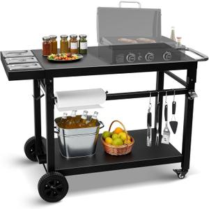 Black Cast Iron 2-Shelf Grill Cart with Wheels,Heavy Duty Pizza Oven Stand for Blackstone Ninja,Outdoor Cooking Station with Durable Tabletop