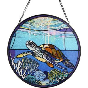 Stained Glass Window Hanging, Turtle Circular Sun Catcher Ornament with Chain & Suction Cup, Suncatcher for Garden Door Home Decor, Birthday Gifts for Women Men Mom 7.8 in