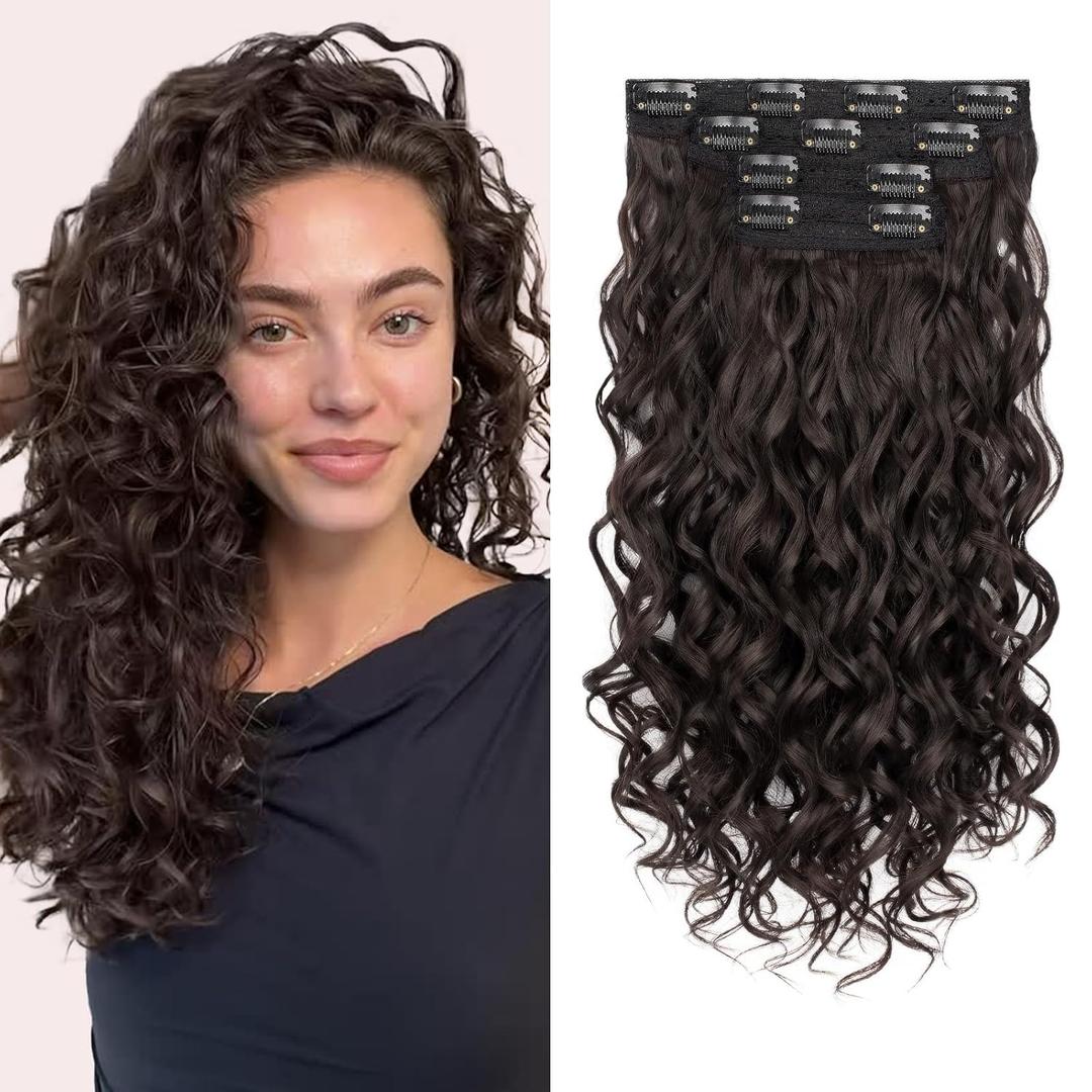 Curly Clip In Hair Extensions, 4PCS 16 Inch Dark Brown Extensions Clip Ins, Lace Weft Short Curly Invisible Natural Hairpieces for Women