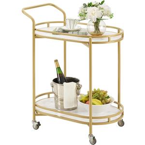 unipaws Bar Cart with Wheels, Easy Assembly Rolling Serving Bar Trolley with 2-Tier Shelves and Rotating Wheels for Home Kitchen Dining and Living Room (Gold & White)