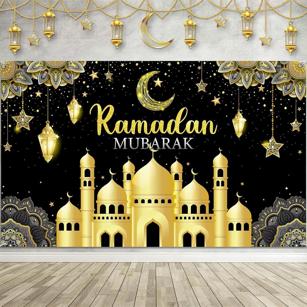 Boyiee Ramadan Mubarak Decorations Backdrop Banner Muslim Ramadan Kareem Background Eid Mubarak Sign Photo Booth Backdrop Background for Home Muslim Eid Al Fitr Party Supplies(Black)