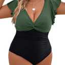 Blooming Jelly Womens Tummy Control Bathing Suit One Piece Plus Size Swimsuits Lace Up Back Ruffle Swim Suits 2025 (4X-Large Plus, Black Green)