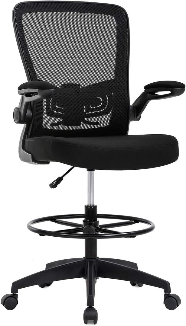 BestOffice Drafting Chair Tall Office Chair Adjustable Height with Lumbar Support Flip Up Arms Footrest Mid Back Task Mesh Desk Chair Computer Chair Drafting Stool for Standing Desk, Black, 22D x 23W x 50H in