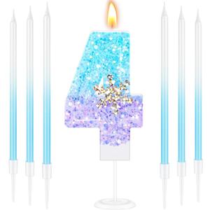 MTLEE Number 4 Birthday Candle Blue Snowflake with 6 Long Thin Cupcake Candles Blue Sparklers Glitter Number Happy Birthday Cake Topper Decorations for Winter Party Supplies