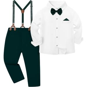 DISAUR Boys Wedding Outfit Christmas Clothes Suit Gentleman Wedding Set Formal Bowtie+Suspender Pants Fall Green White, 7-8 Years
