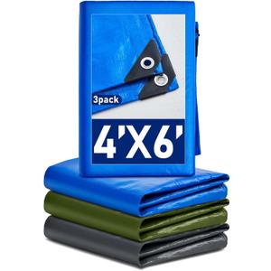 SmoothNovelty 3 Pcs Large Waterproof Tarp 4 x 6 ft Heavy Duty 5.5 Mil Thick Poly Tarpaulin with Grommets Multipurpose Protective Cover for Summer Home Boats Cars Camping RV Pool Tent