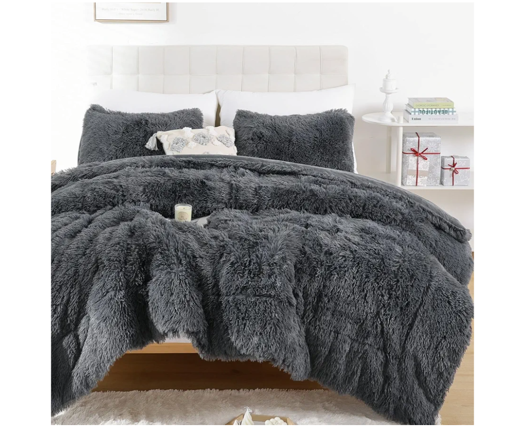 Smoofy Fluffy Queen Comforter Set, Faux Fur Comforter Set Queen Size, Luxury Fuzzy Bedding Set, Soft Shaggy Bed Set for All Season, 3 Pieces - 1 Comforter & 2 Pillowcases, Dark Grey