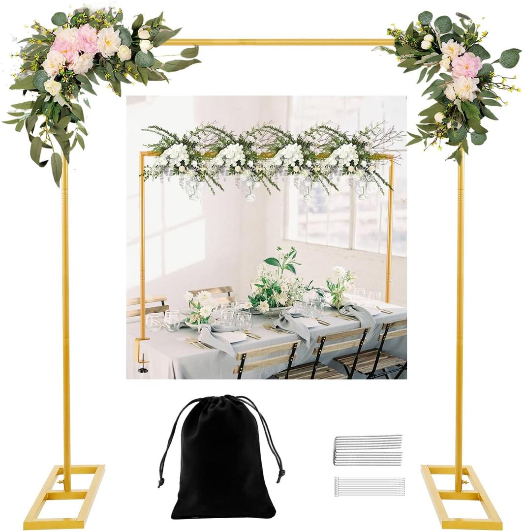 8.2 FT Wedding Arch Rectangle Stand Square Backdrop Stand , Extra Clamps to Table Rod Stand, Adjustable Photo Booth Background Kit, Balloon Arch Stand for Birthday Party Baby Shower Decor,Gold
