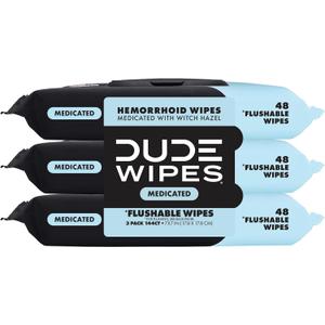DUDE Wipes - Medicated Flushable Wipes - 3 Pack, 144 Wipes - Unscented Extra-Large Adult Wet Wipes - Medicated Witch Hazel - Septic and Sewer Safe