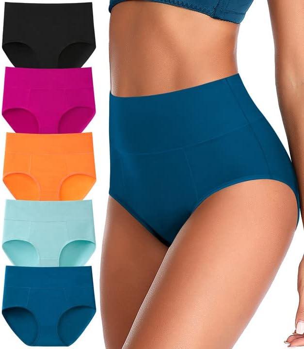 ASIMOON Tummy Control High Waisted Underwear for Women Cotton Plus Size Full Coverage Panties Ladies Briefs (Small, Multicoloured-01-5 Pack)