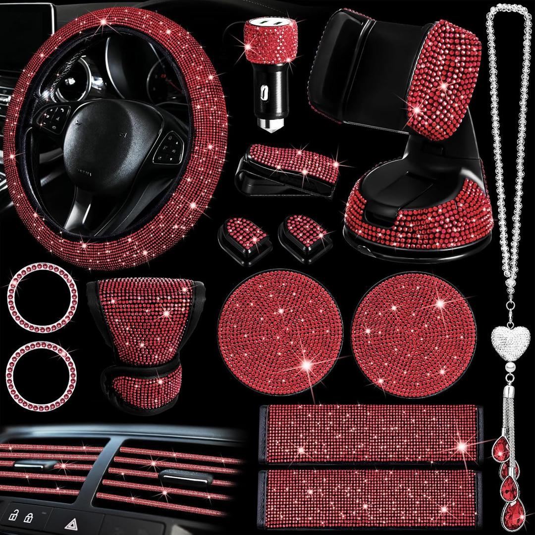 Riakrum 30 Pieces Red Bling Car Accessories Set for Women, Steering Wheel Covers Universal Fit 15 Inch, Seat Belt Cover, Phone Holder Mount, Cup Coaster Kids Women Cute