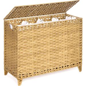 Laundry Hamper with 4 Removable Liner Bags; 176L Handwoven Rattan Laundry Basket with Lid & Heightened Feet; Clothes Hamper with Side Handles, 176L-4 Section