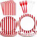 96Pcs Red and White Striped Party Supplies 350GSM Red and White Striped Paper Plates and Napkins Tableware Set Circus Theme Party Decorations for Carnival Birthday Picnic BBQ Christmas Decor Serves 24