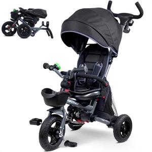 RIDYEE 7-in-1 Folding Toddler Tricycle for 18 Months to 5 Years, Tricycle Stroller with Dual Brakes, All-Terrian Rubber Tire, Tricycle for Toddlers with Rotatable Seat, Adjustable Push Handle, Grey