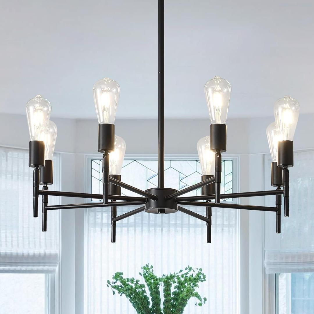 NILSE Black Chandelier, 8-Light Dining Room Chandelier Rotatable Bulb Socket Industrial Vintage Ceiling Light Fixture 27-Inch, Height Adjustable Pendant Light for Kitchen Island Living Dining Room