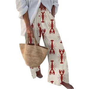 Women's Graphic Wide Leg Beach Pants Elastic Waist Boho Casual Trousers with Pockets (Beige, S)