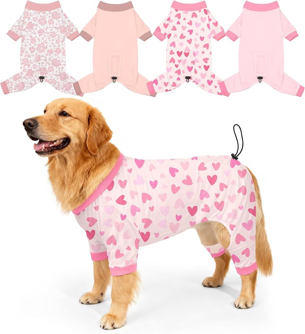 Bienbee Dog Pajamas, 4 Pack Dog Recovery Suit Shedding Suit Cute Soft Puppy Clothes Dogs Pjs Onesies Jammies Adjustable Breathable & Stretchy Clothes for Small Medium Large Dogs Girl Boy Puppy-3XL