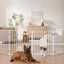 No Pawblems Free Standing Dog Gate with Cat Door, 30'' Tall Foldable Dog Fence for Indoor & Outdoor, Up to 104 Inch Extra Wide Puppy Gate for Stairs, Hallways, Doorways, Deck, Yard (White, 4 Panels)