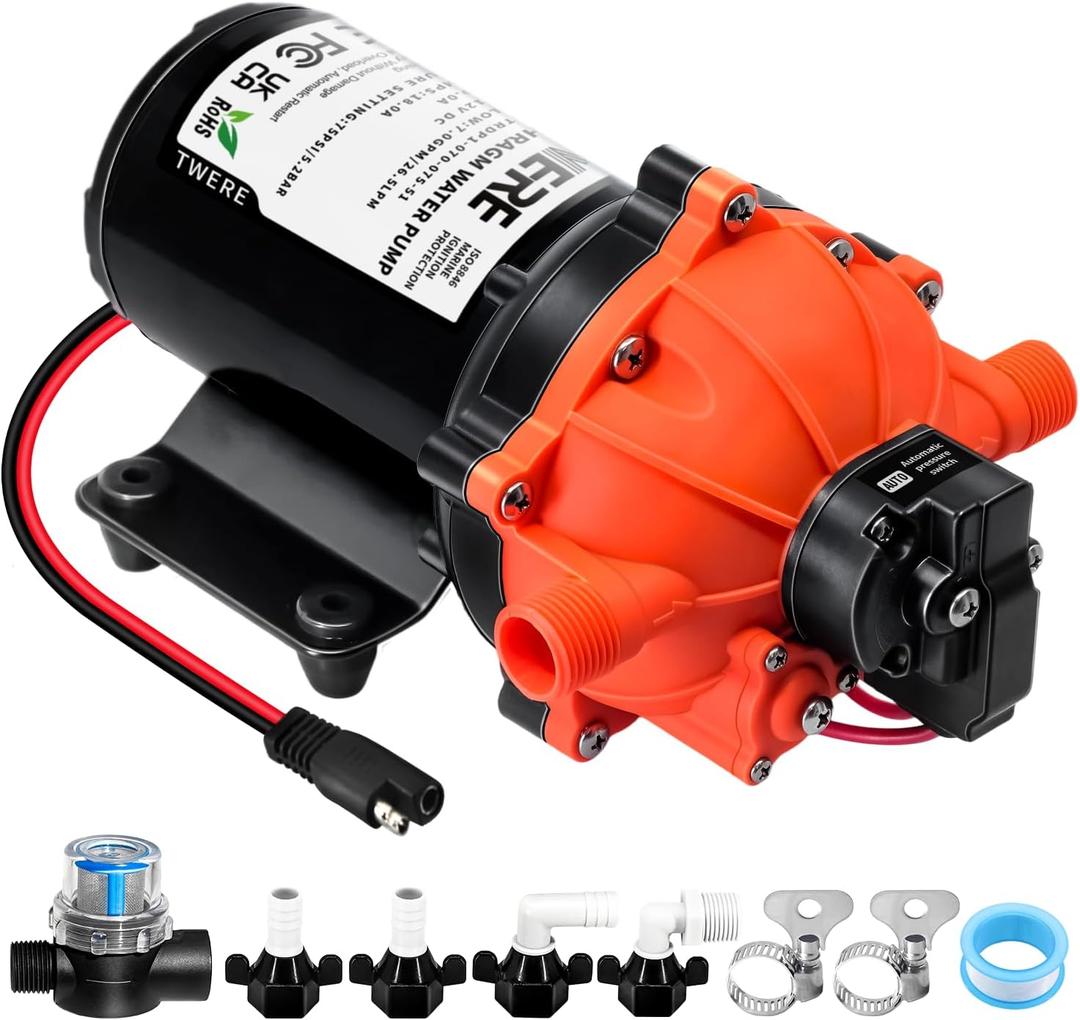 12V Sprayer Pump,Water Pump,7.0GPM,75Psi Diaphragm Pump,5 Chamber Self-Priming Water Pump,Ideal for RV,Marine,Yacht Sprayer and Pressure Washing-1/2 MNPT Connection