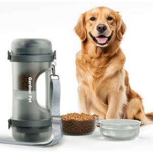 Gardner Pet Portable Dog Water Bottle&Food Container (49.6oz)  Leakproof Travel Water Bottle for Medium/Large Dogs (30+ lbs) Hiking, Camping, Beach  2 Collapsible Bowls & Shoulder Strap (Grey)