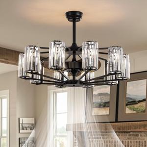 Ceiling Fans with Lights 36" Chandelier Fan Vintage Low Profile Ceiling Fan with Light and Remote 10 Lights Crystal Large Fandelier Light Fixture for Living Room Dining Room Hotel Foyer