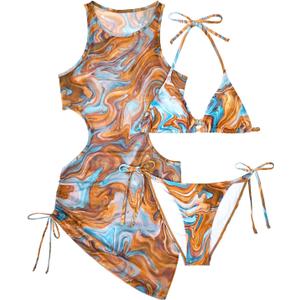 3 Piece Swimsuits Women Bikini Sets with Cover Up Halter Bathing Suit Set Sexy Cutout Coverup (Medium, Brown Blue Marble)