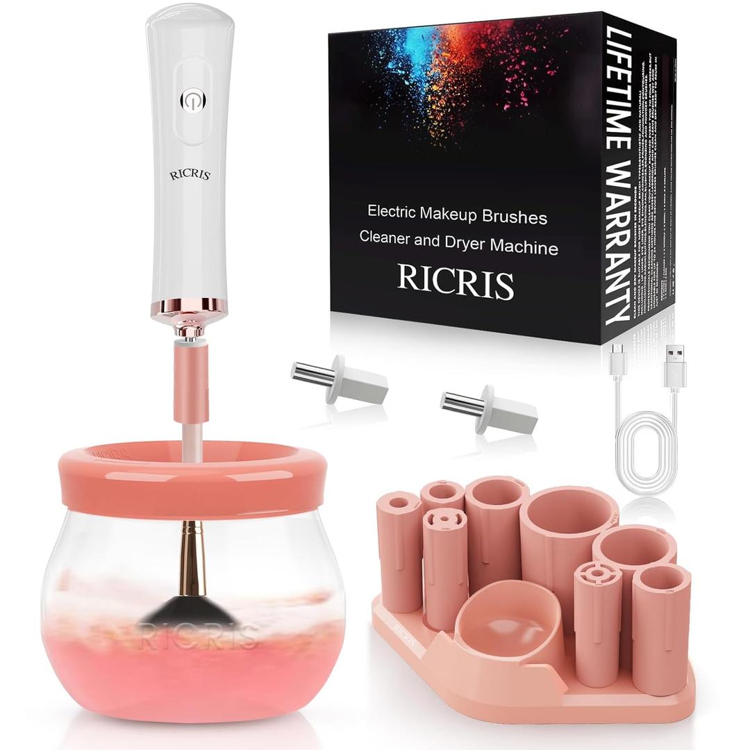 RICRIS Electric Makeup Brush Cleaner and Dryer Machine - Super Fast Clean and Dry Make Up Brushes - Automatic Cosmetic Brush Spinner Washer Tools (White-Peach)