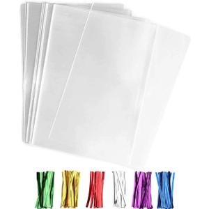 50 pcs Clear 7" x 12"(W:17.8*H30.4 cm) Flat Cello Cellophane Bags Poly Treat Bags 2.8 mils for Gift Wrapping, Bakery, Cookie, Candies, Toast, Dessert, Party Favors Packaging with Color Twist Ties